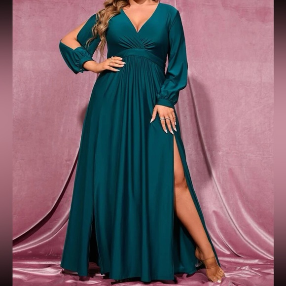 Luxe plus size bishop sleeve slit thigh party formal evening prom wedding dress - Picture 2 of 6